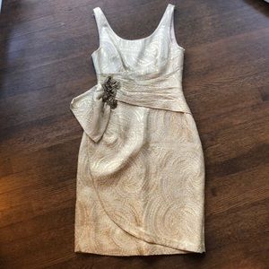 Kay Unger gold cocktail dress with broach detail